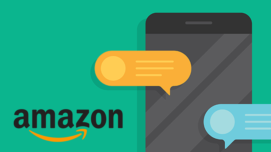 Imagem com um telemóvel e caixas de mensagem com logo Amazon