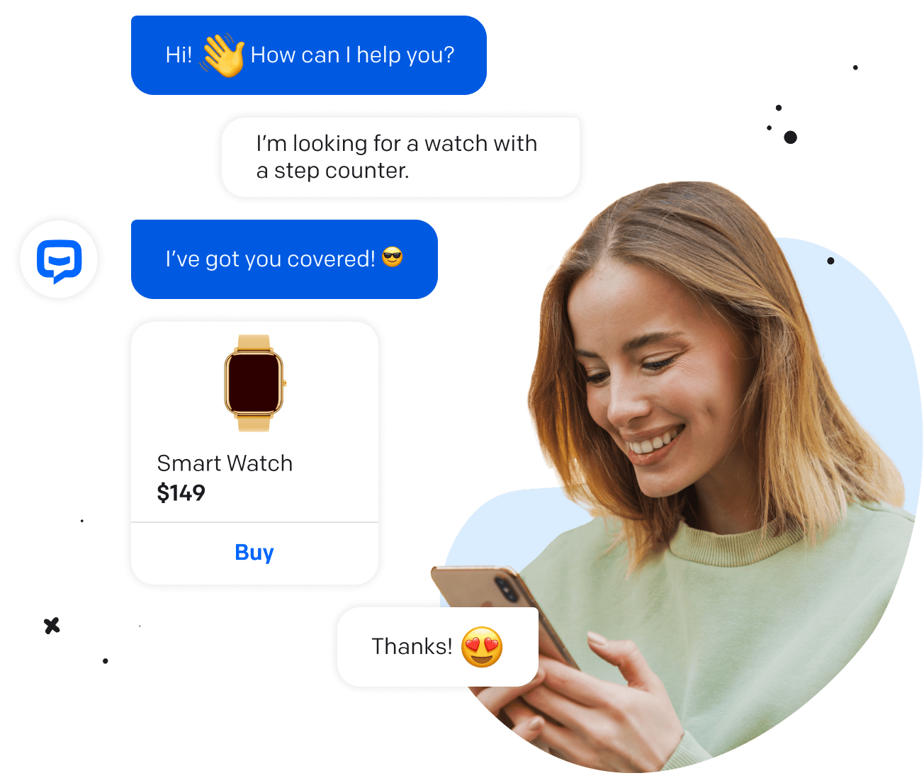 mulher troca mensagens com chatbot sobre um smartwatch