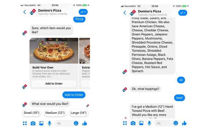 encomenda de uma pizza Domino's no Messenger entre chatbot e humano